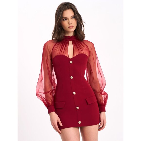 Tabi Red Mesh Sleeve Mini Dress - Picture 1 of 16